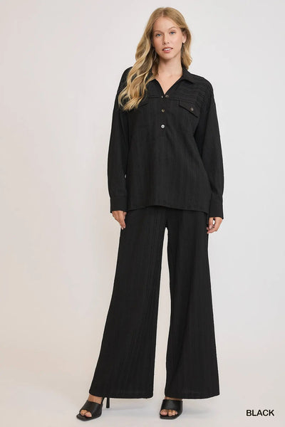 Black Ribbed Texture Wide Leg Pants