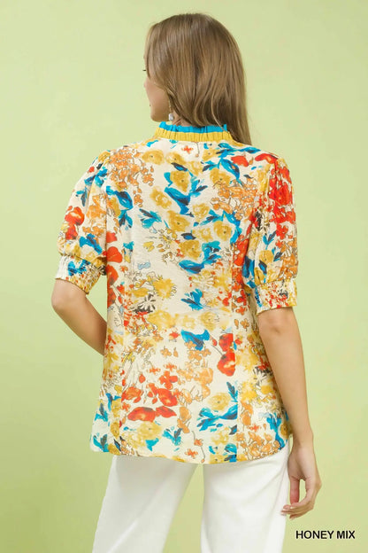 Honey Mix Floral Contrast Pleat Neck Top