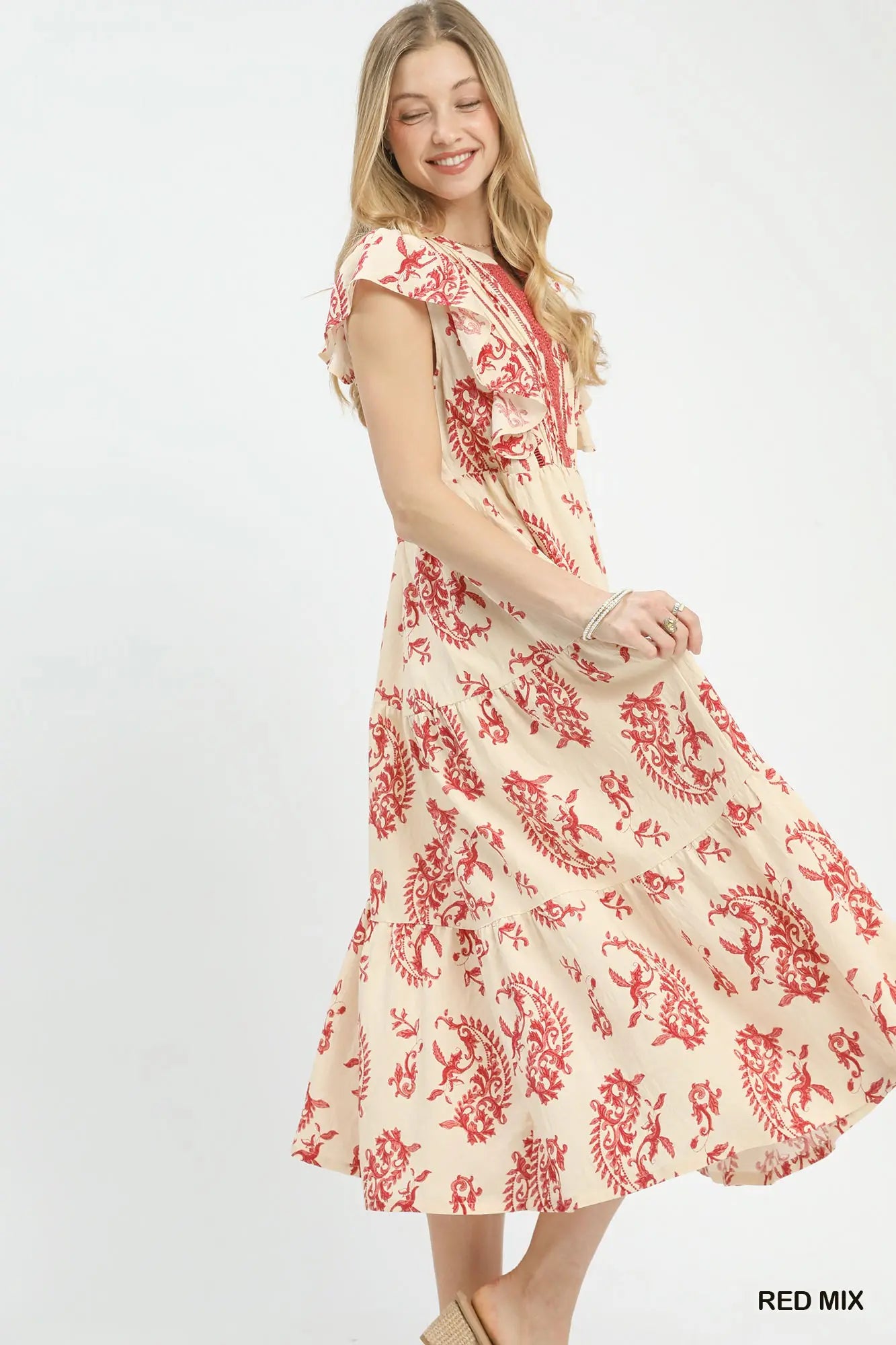 Red Paisley Print Ruffle Sleeve Midi Dress