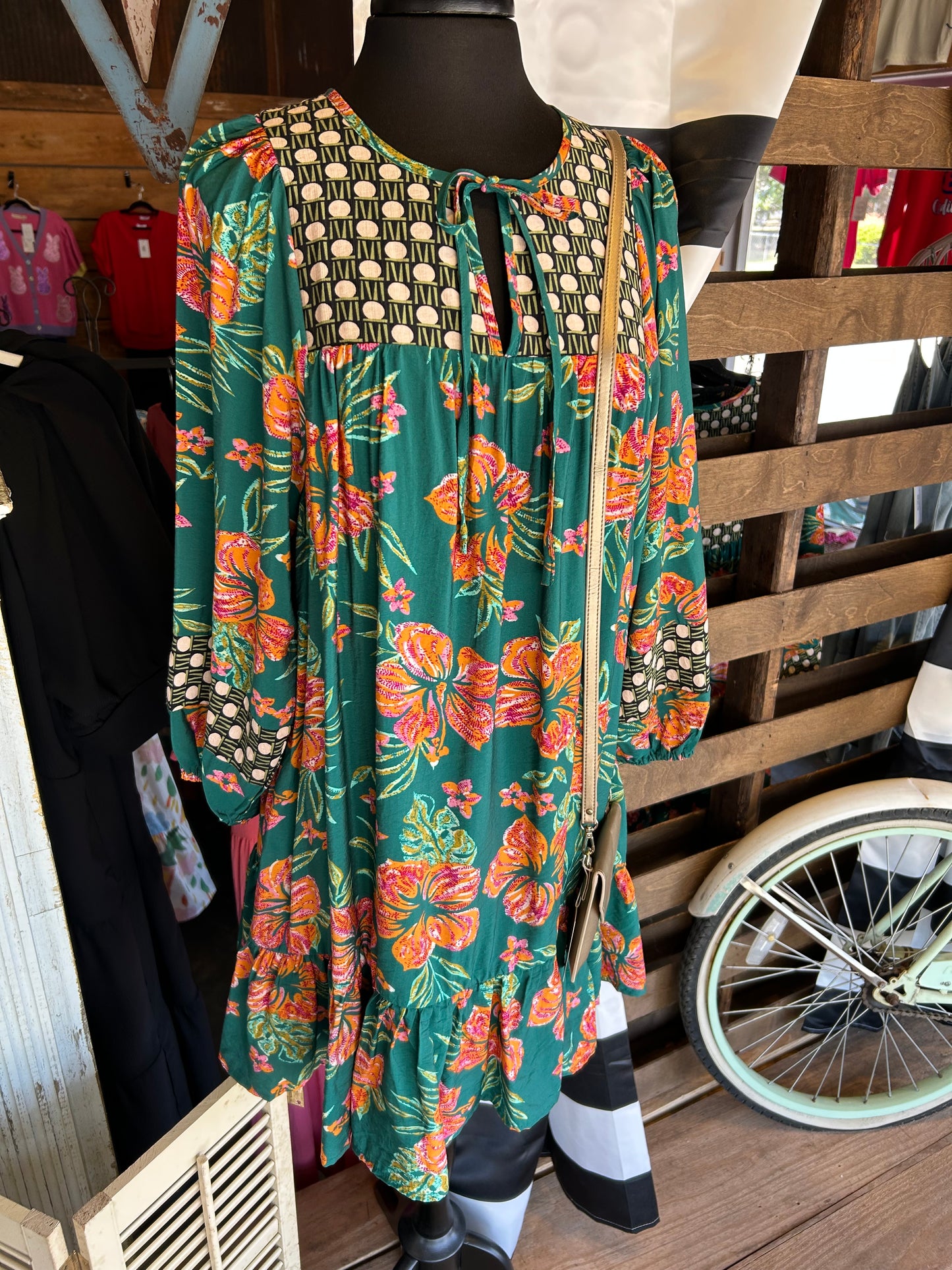 Green Floral & Dot Tie Neck Dress