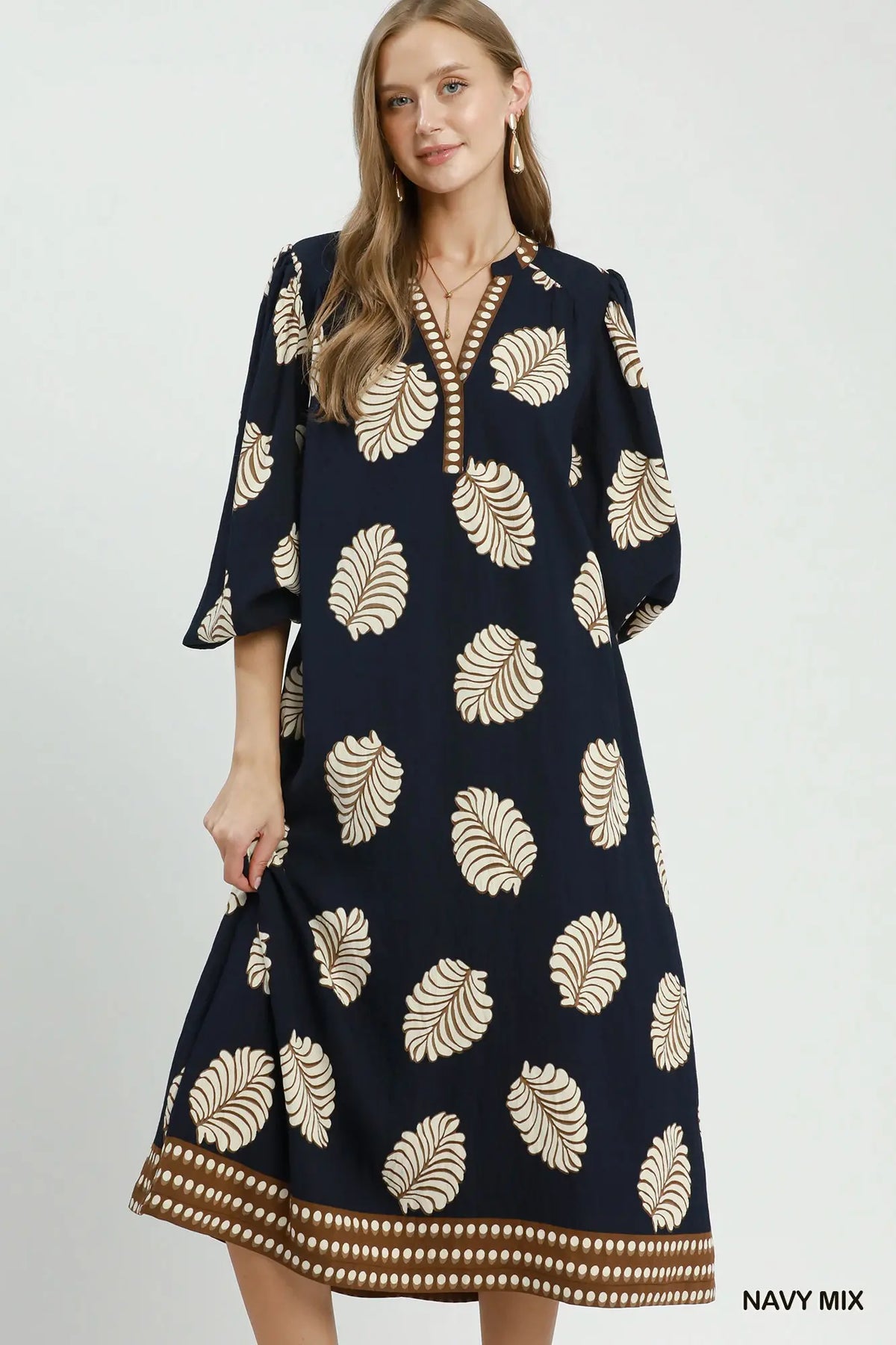 Navy Mix Leaf Print Midi Dress
