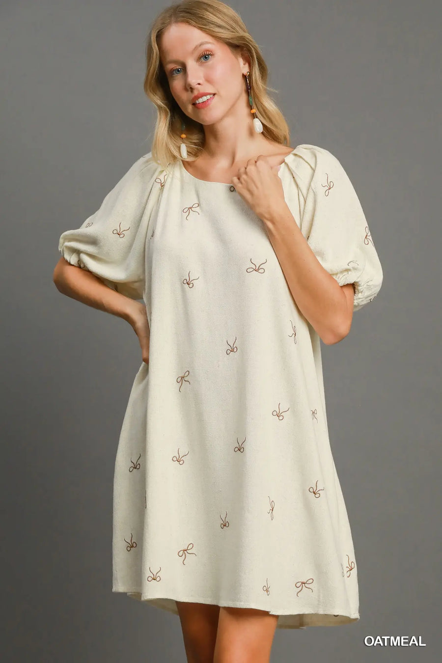 Oatmeal Linen Embroidered Bow Dress