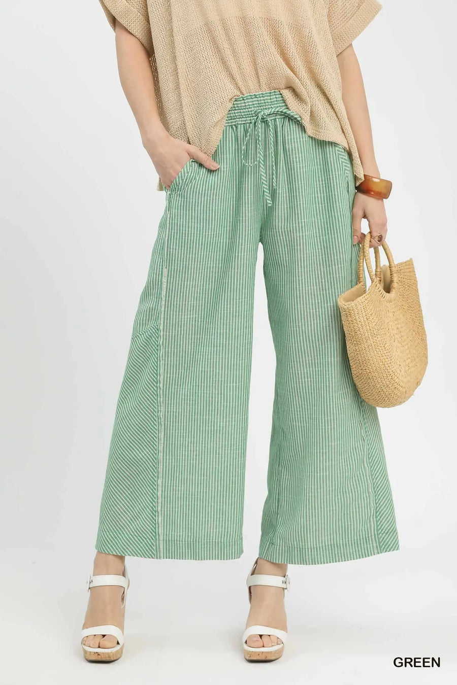 Green Linen Blend Striped Wide Leg Pants