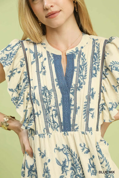 Cream & Blue Paisley Maxi Dress