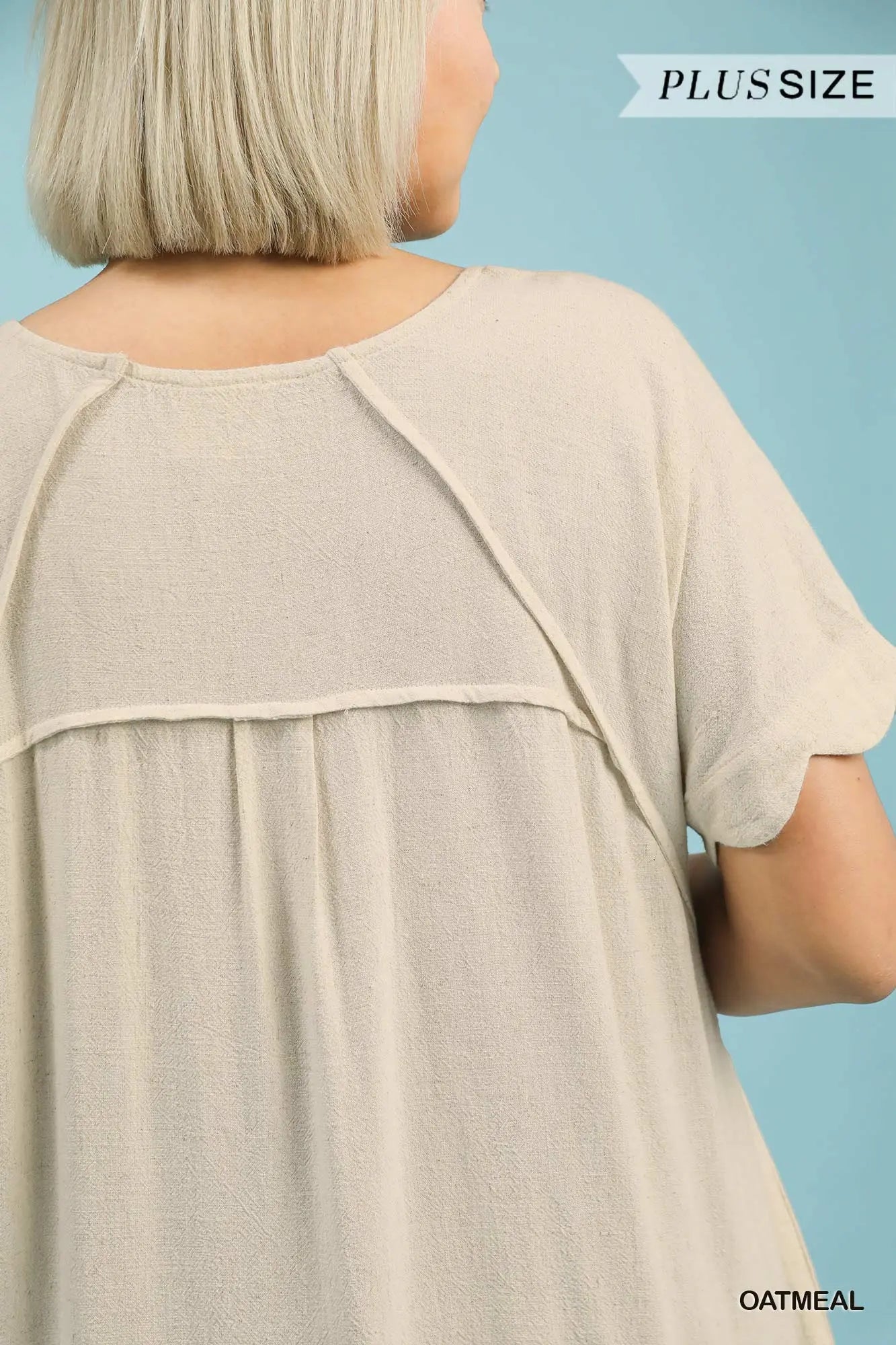 Oatmeal Linen Scalloped Hem Dress- Plus