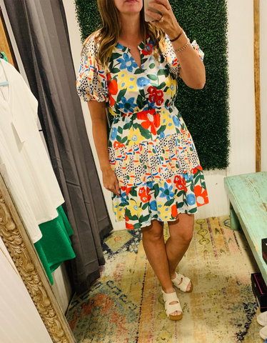 Floral & Black/White Dot Bubble Sleeve Dress
