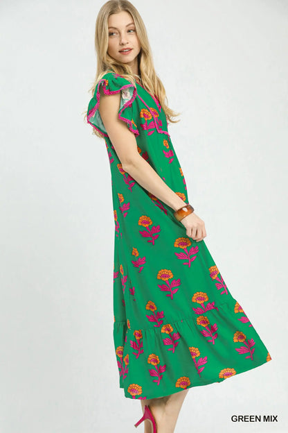 Green Floral Ruffle Trim Tiered Maxi Dress
