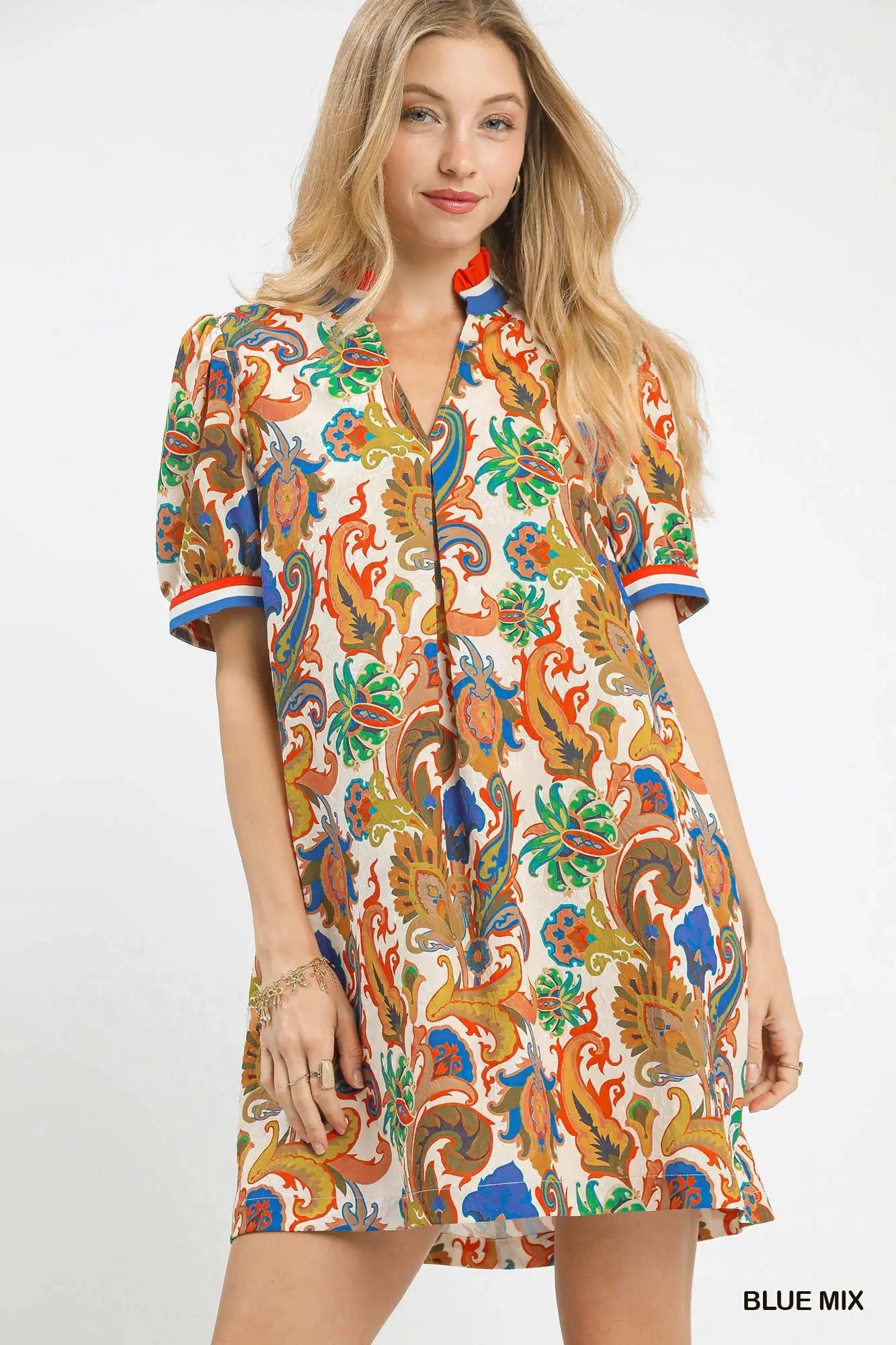 Blue Mix Jacquard Abstract Print Dress