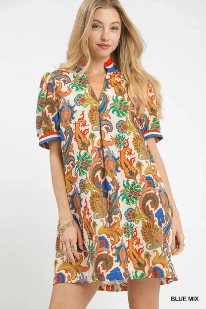 Blue Mix Jacquard Abstract Print Dress