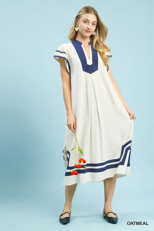 Oatmeal & Blue Linen Midi Dress