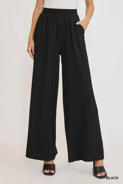 Black Ribbed Texture Wide Leg Pants