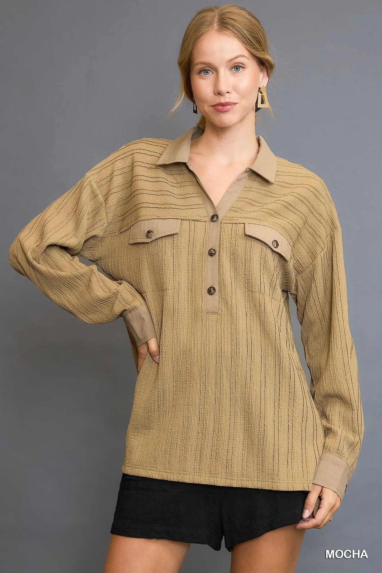 Mocha Textured Half Button Down Top
