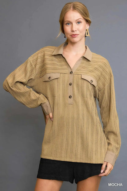 Mocha Textured Half Button Down Top