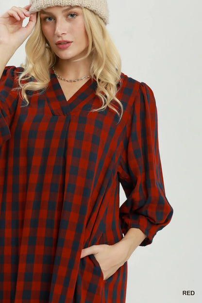 Red & Navy Checkered Midi Dress