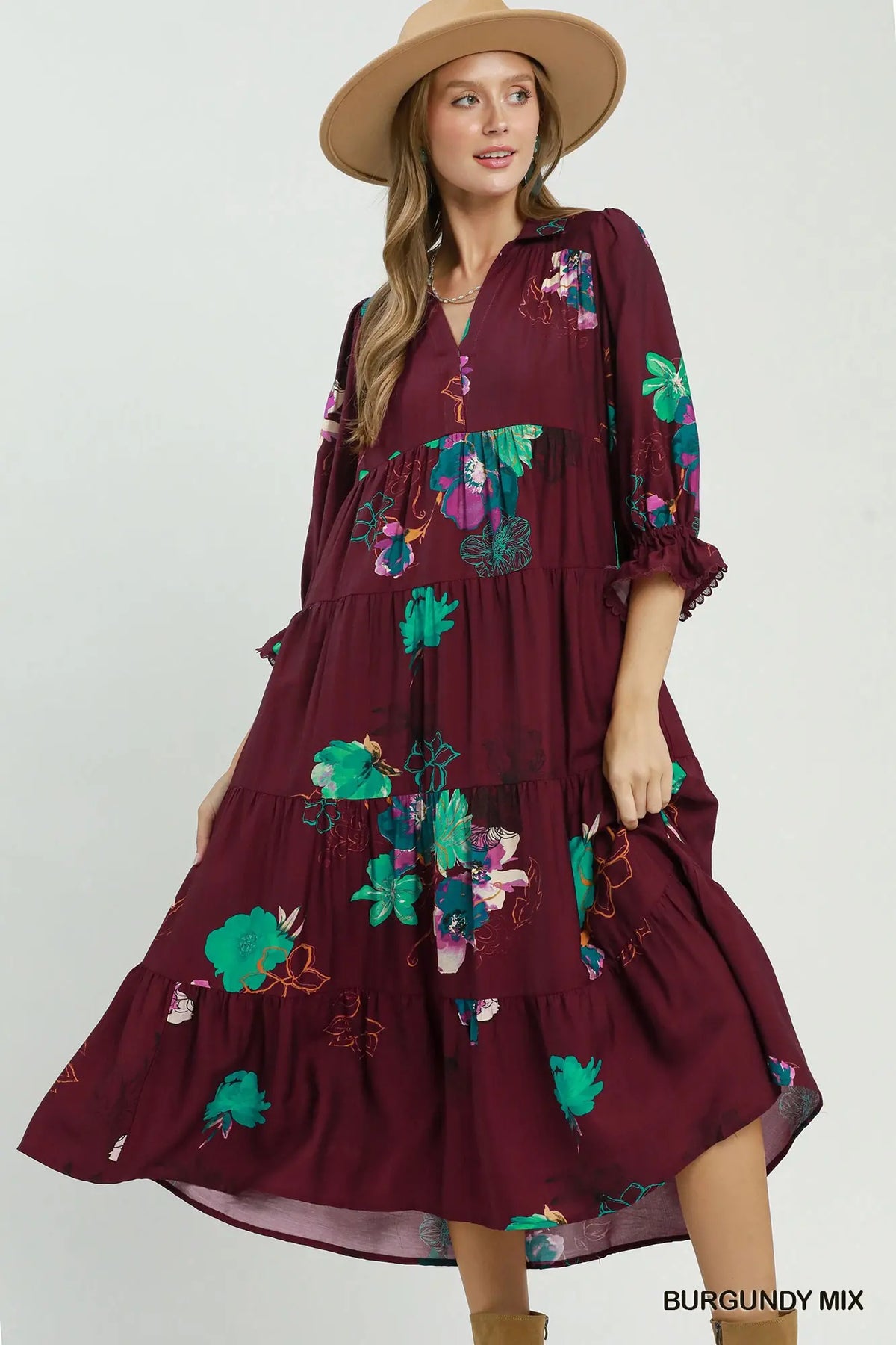 Burgundy Floral Tiered Midi Dress