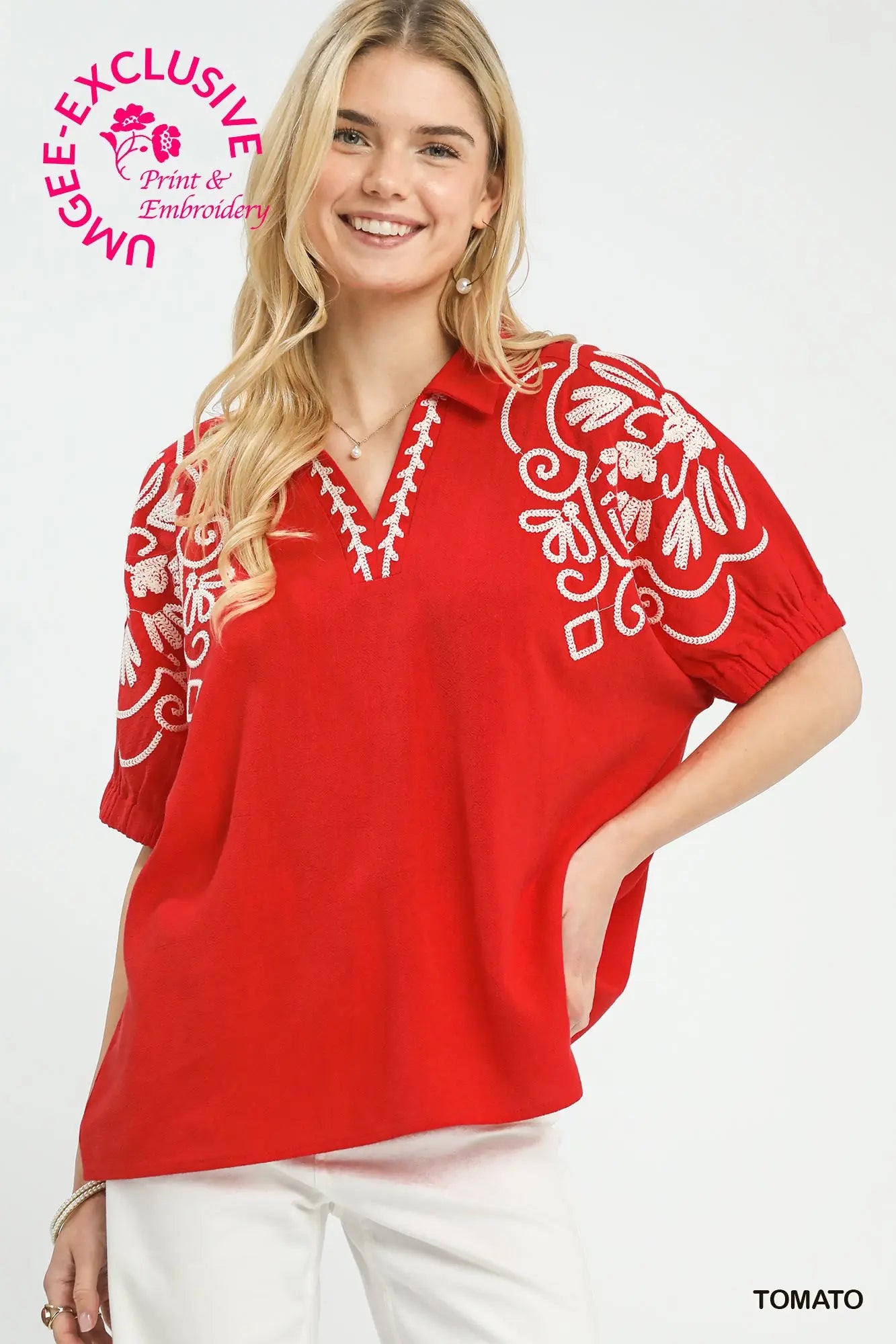 Red Embroidered Linen Blend Top