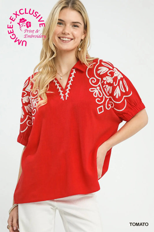 Red Embroidered Linen Blend Top