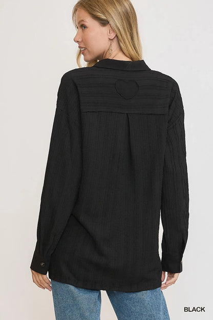 Black Half Button Down Ribbed Knit Top