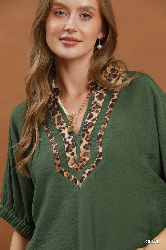 Olive Leopard Trim Dolman Sleeve Top