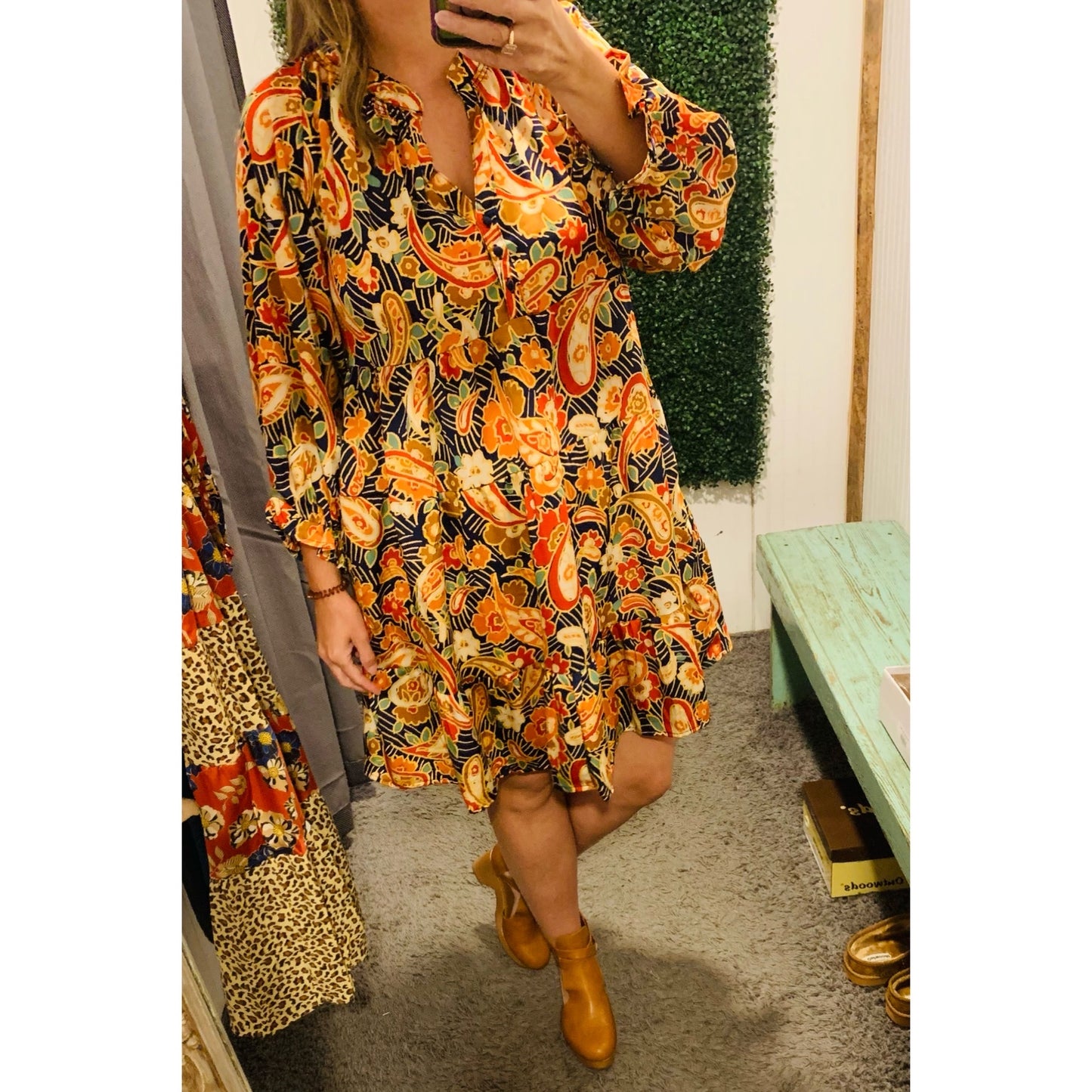 Navy Paisley Satin Dress