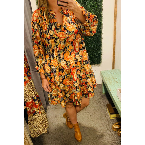 Navy Paisley Satin Dress
