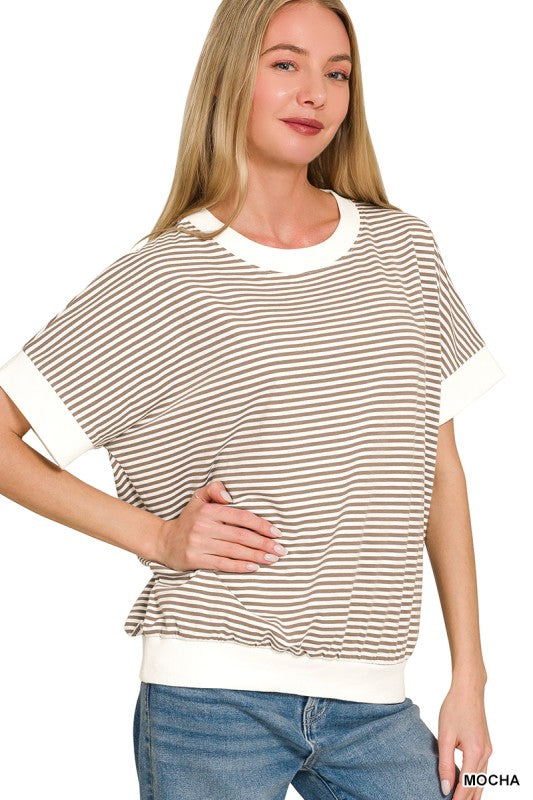 Mocha Stripe Rib Banded Top