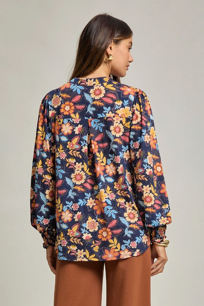 Navy Floral Smocked Sleeve Top