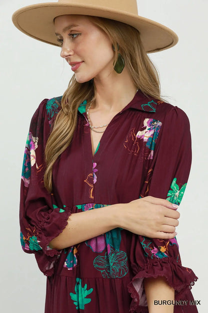 Burgundy Floral Tiered Midi Dress