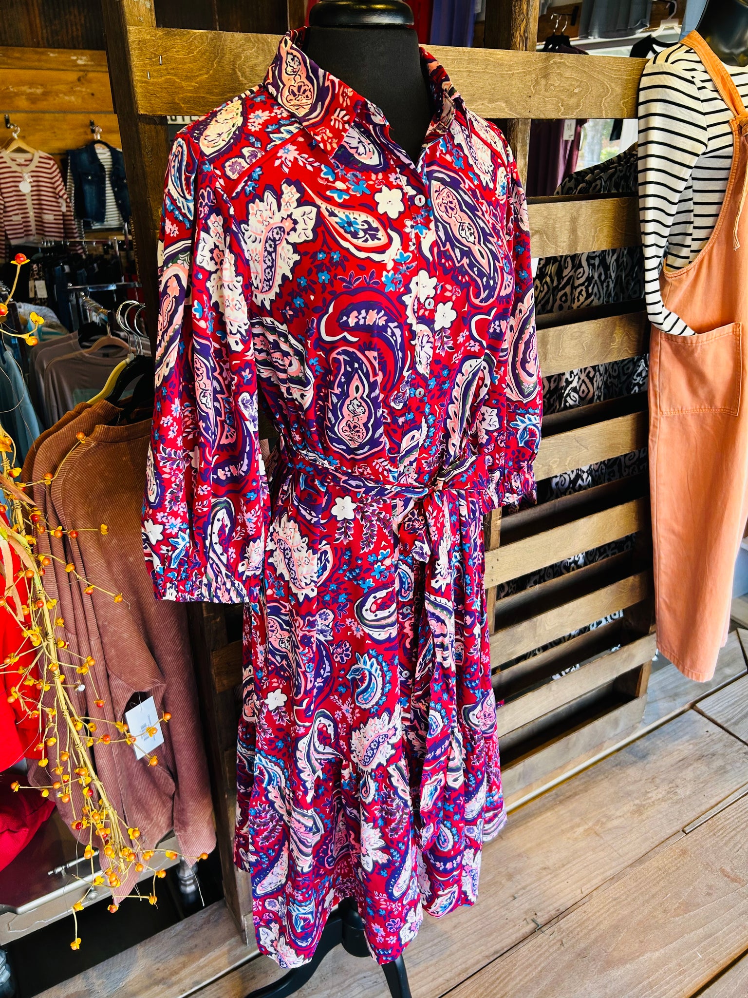 Wine Paisley Button Down Maxi Dress