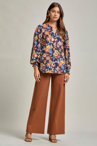Navy Floral Smocked Sleeve Top