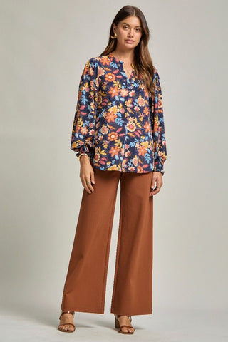 Navy Floral Smocked Sleeve Top