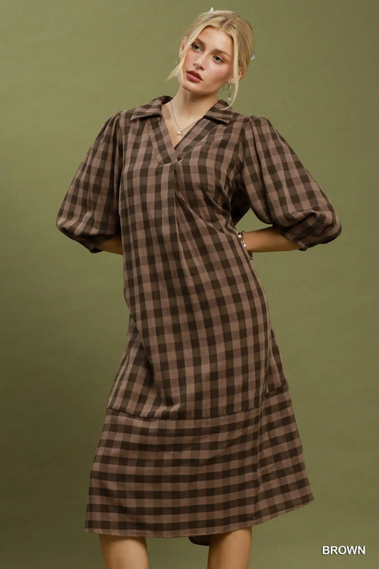 Brown Checkered Midi Dress