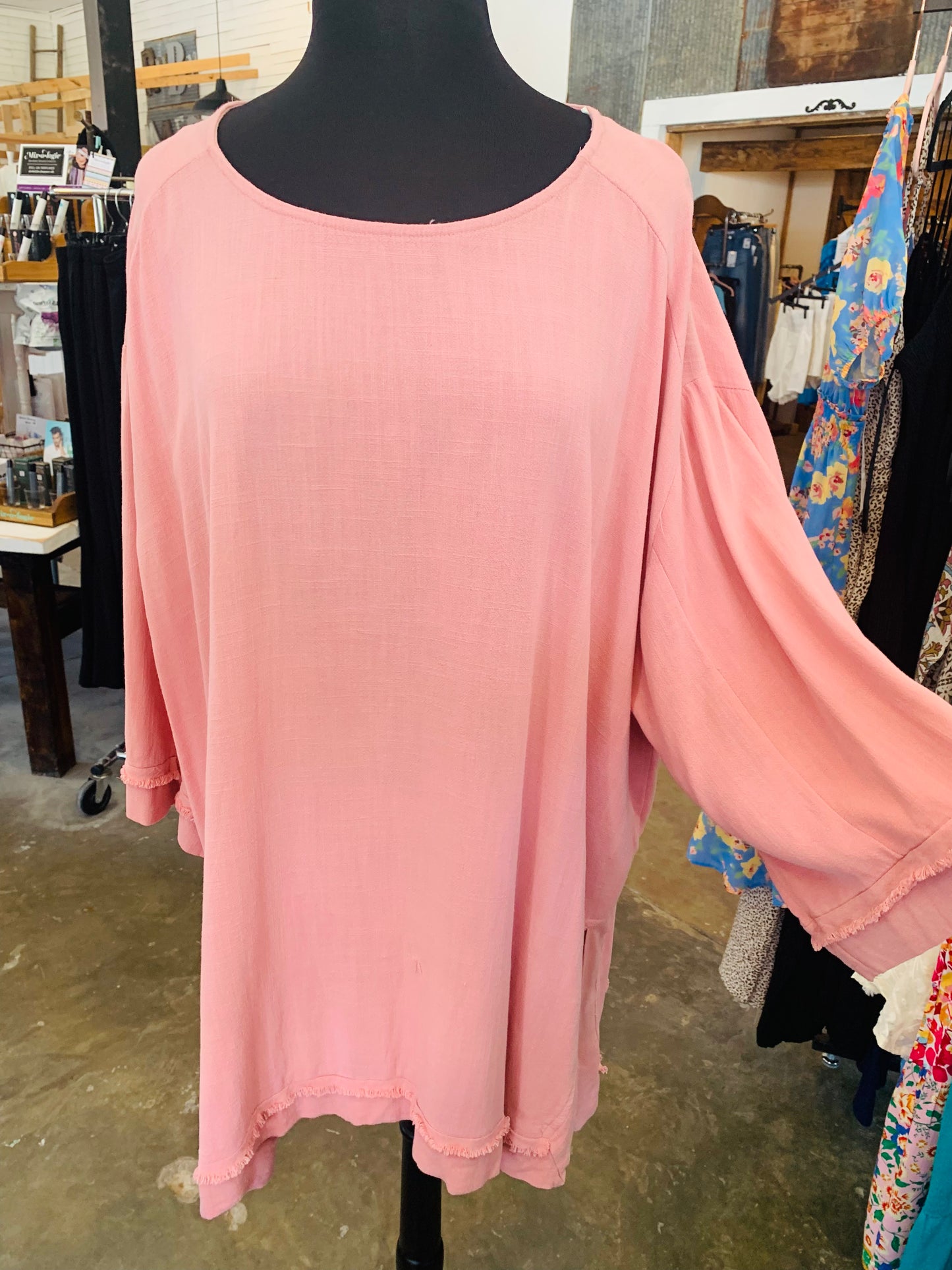 Light Pink 3/4 Sleeve Linen Top- Plus