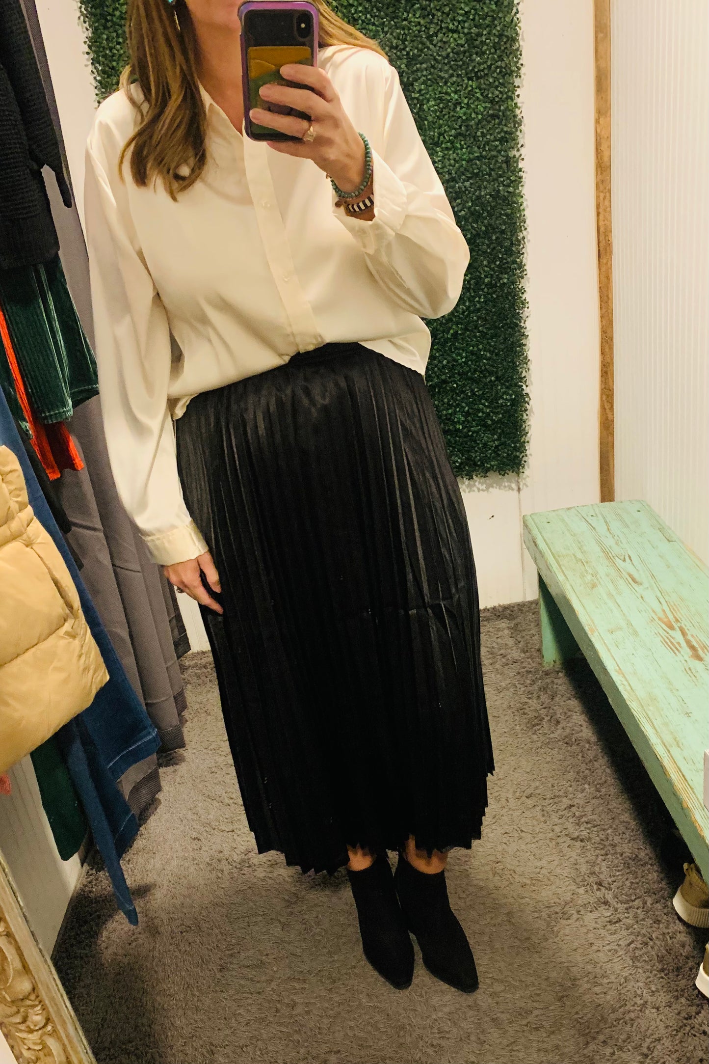 Black Satin Pleated Maxi Skirt