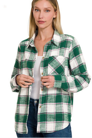Cotton Plaid Button Up - Green