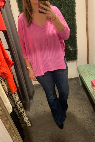 Pink 3/4 Sleeve Vneck Sweater