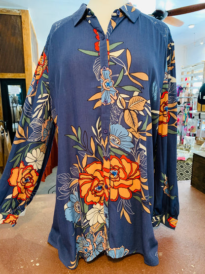 Blue Floral Button Down Top - Plus