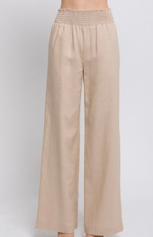Khaki Linen Elastic Waist Pants
