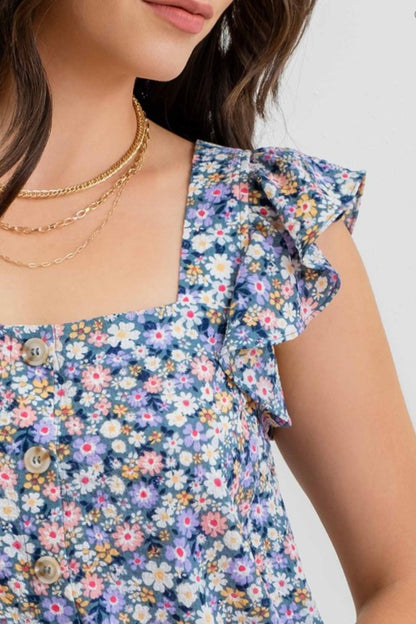 Blue Floral Flutter Sleeve Top