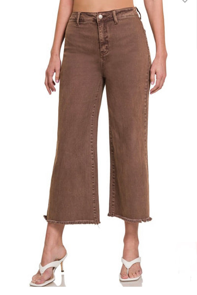 Brown Washed Frayed Crop Jeans