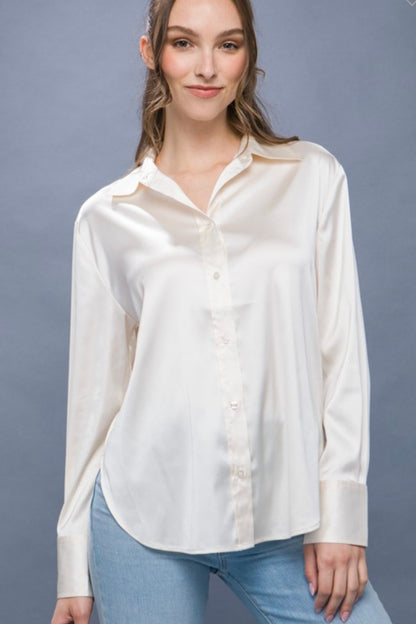 Ivory Satin Button Up Long Sleeve Top