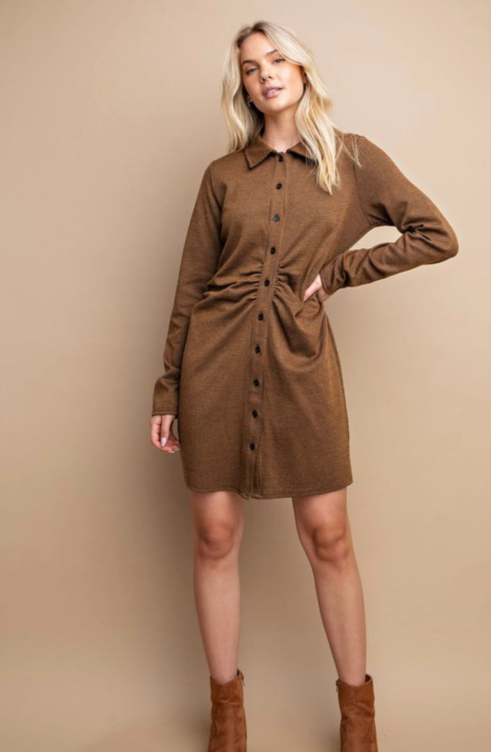 Copper Houndstooth Button Down Dress