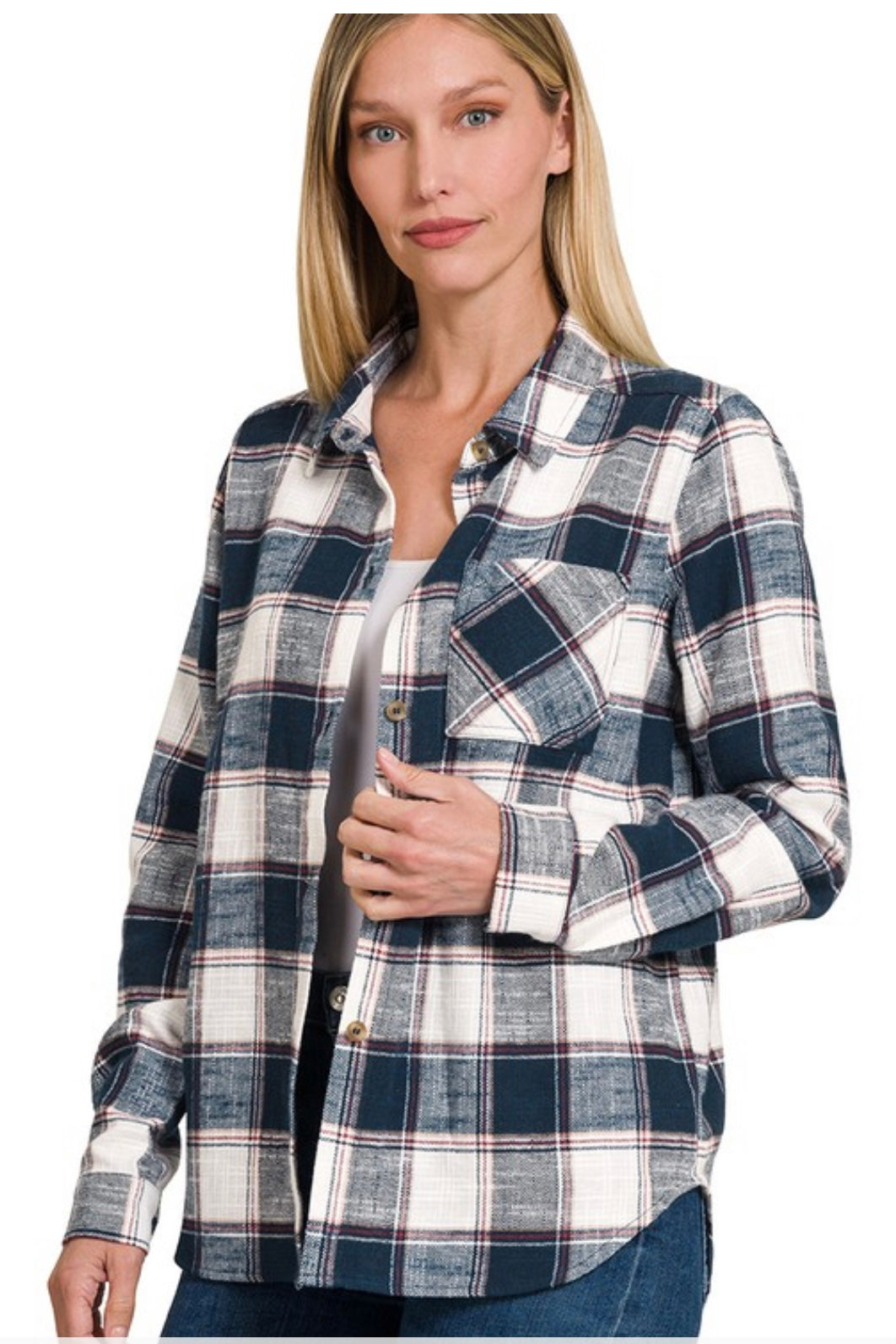 Cotton Plaid Button Up - Navy