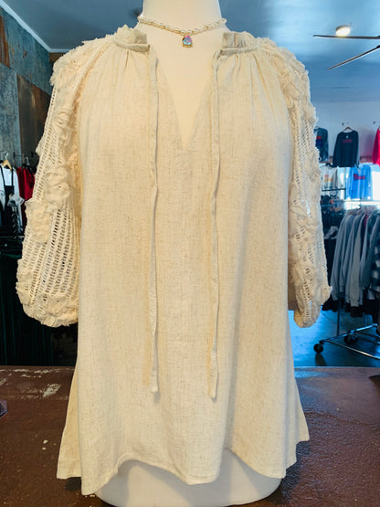 Oatmeal Linen Flower Detail Top - Plus