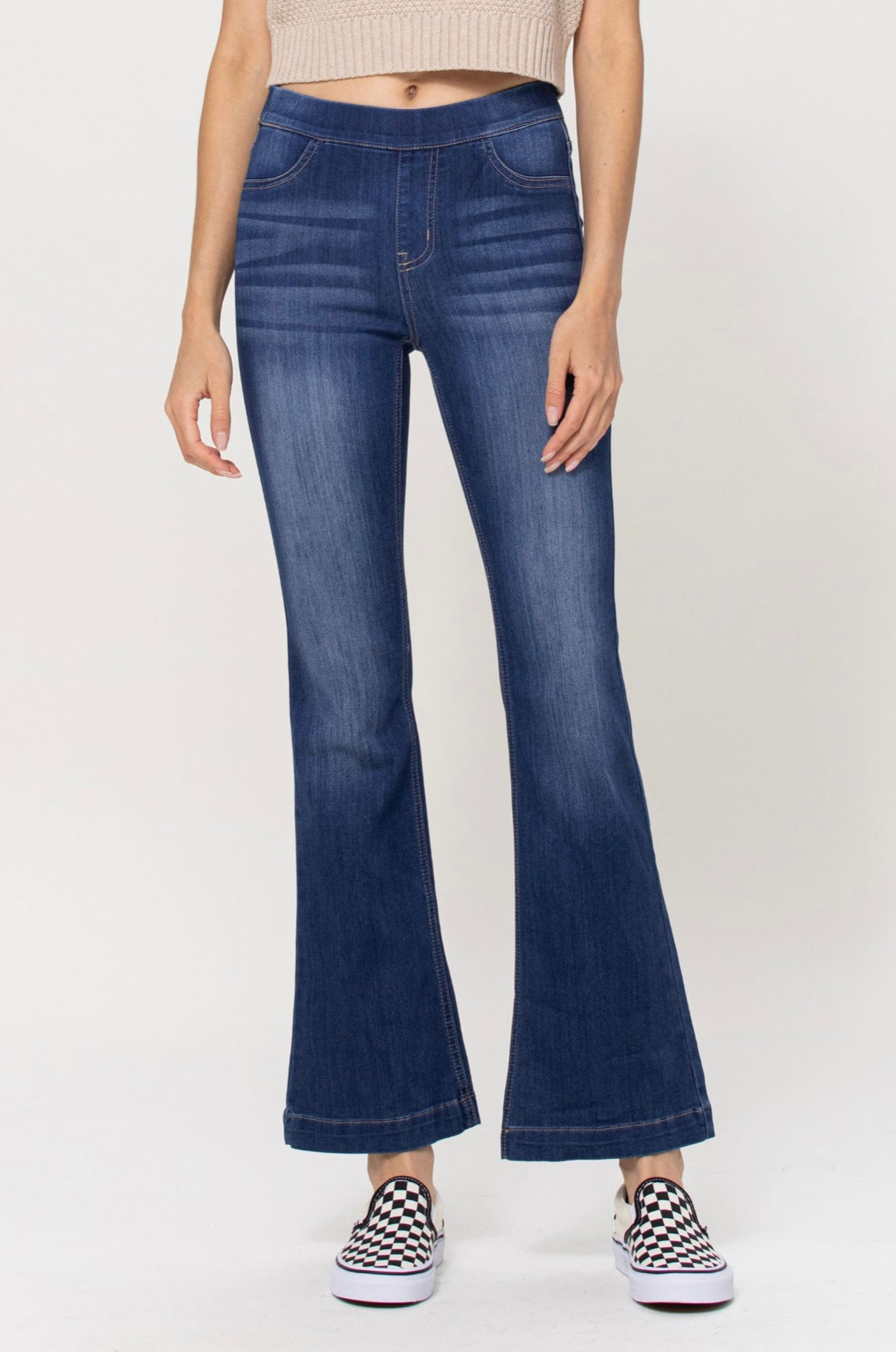 Cello Dark Denim Pull On Flare Jeans - Petite