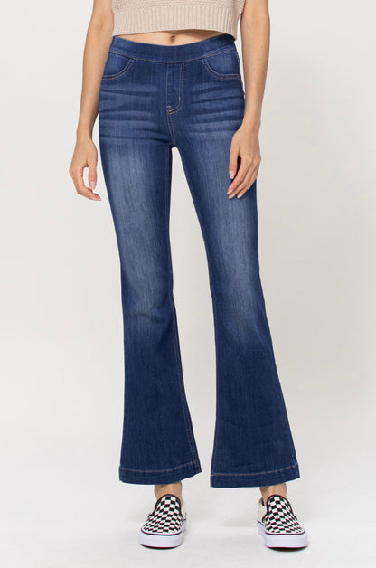 Cello Dark Denim Pull On Flare Jeans - Petite