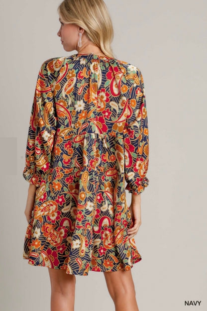 Navy Paisley Satin Dress
