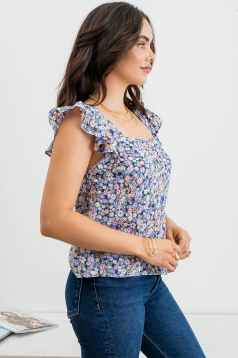 Blue Floral Flutter Sleeve Top