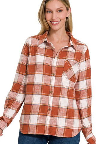 Cotton Plaid Button Up - Rust