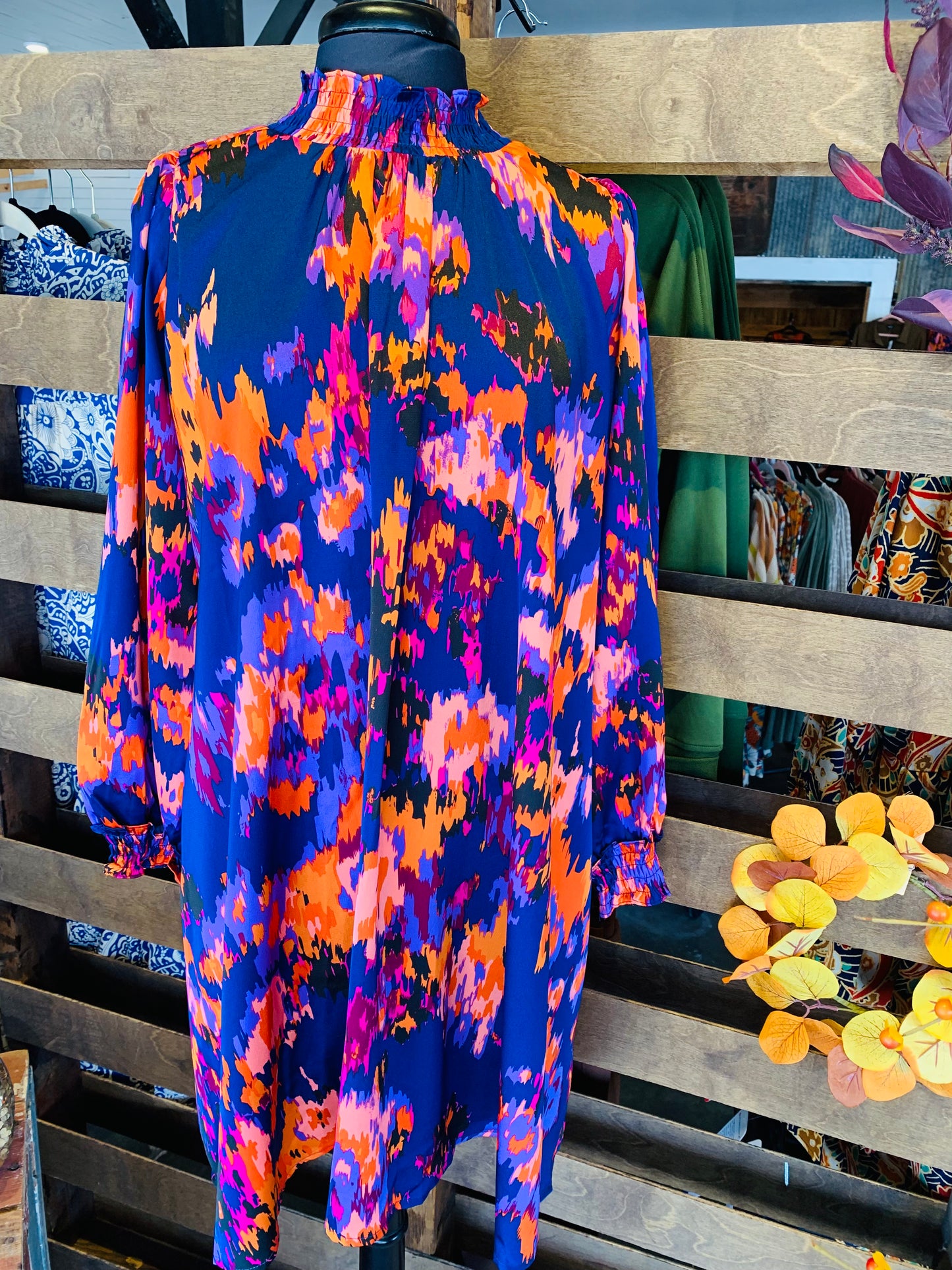 Purple Abstract Floral Satin Dress
